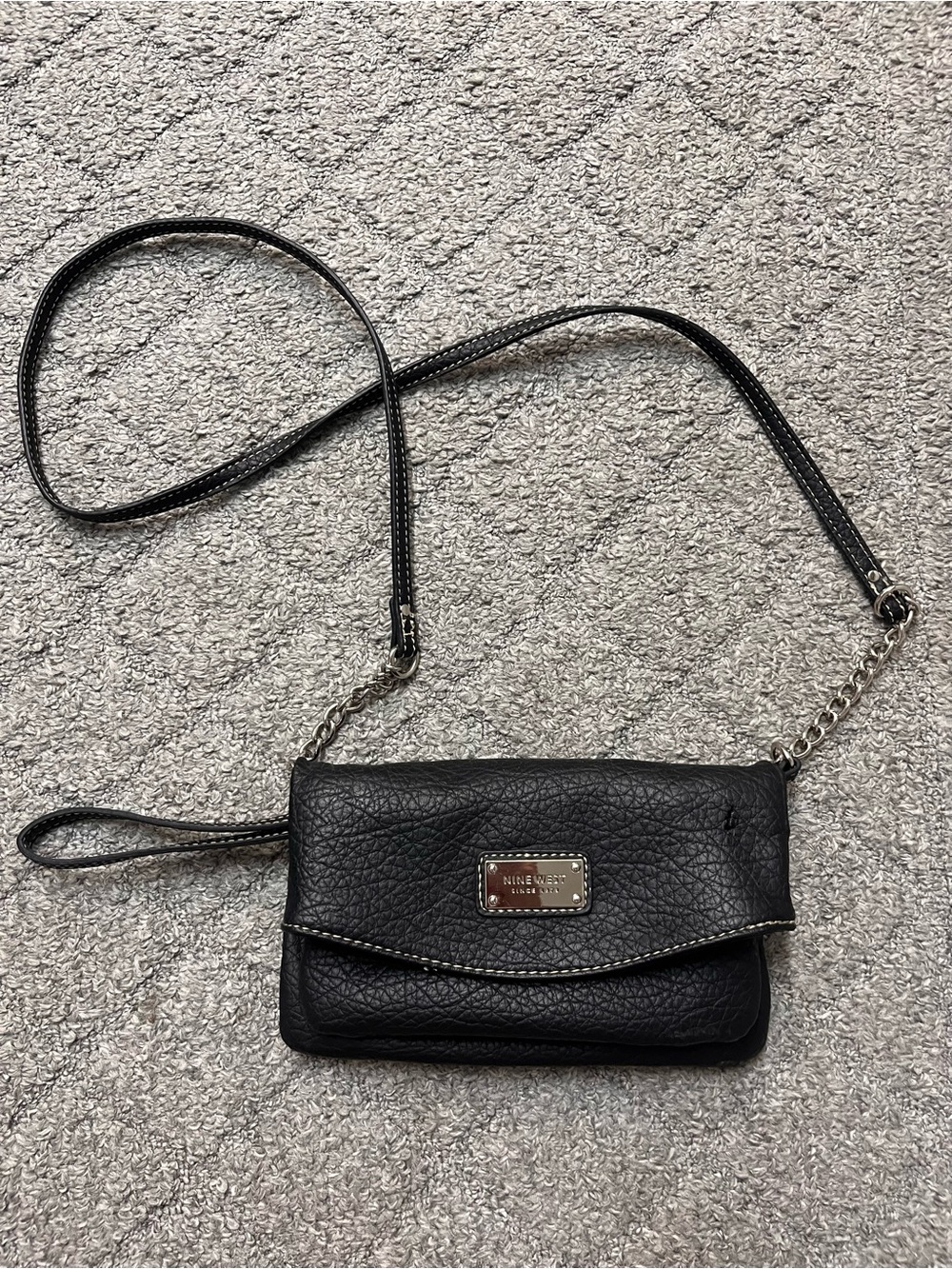 Nine West Black Pebbled Leather Crossbody Clutch with Chain Strap
